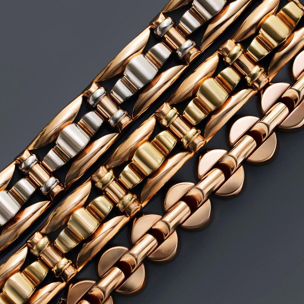 The highly dimensional design of mid-century modernism at its best in these yellow, white and rose gold Retro bracelets. #FredLeighton