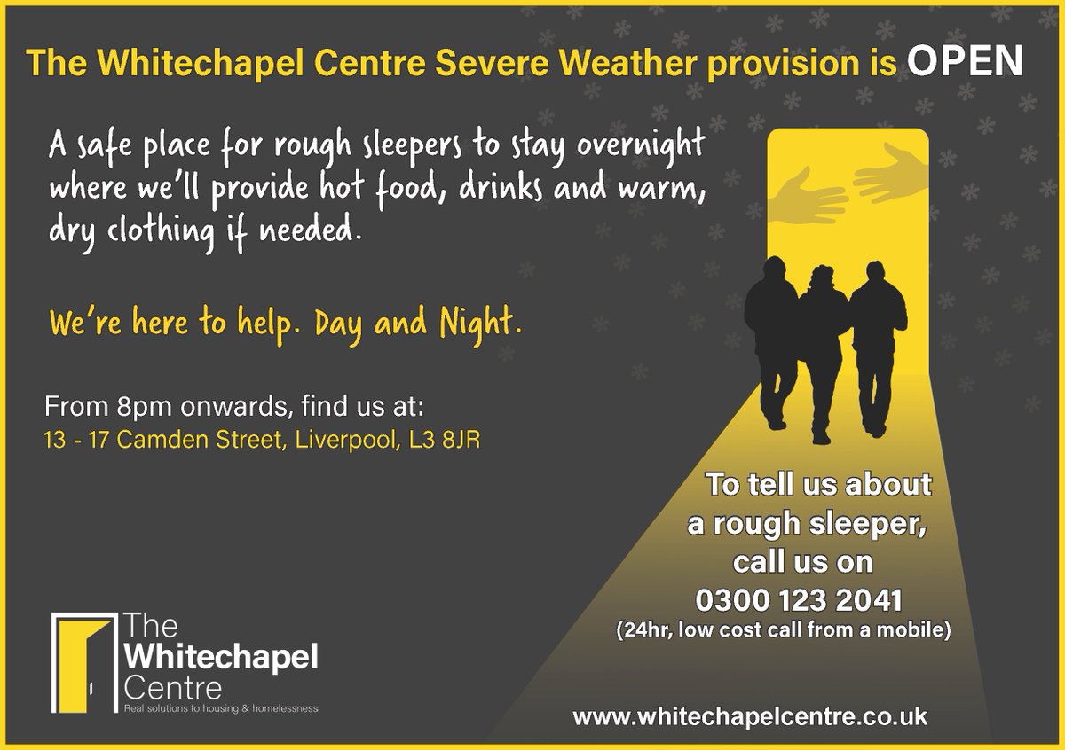 With Storm Caroline on the way, Liverpool's Severe Weather shelter is open for anyone sleeping rough in the city. If you see someone who needs help please call us anytime on 0300 123 2041 (24 hours, low cost from a mobile.) 

Please RT 

bit.ly/2nf0Wpg
