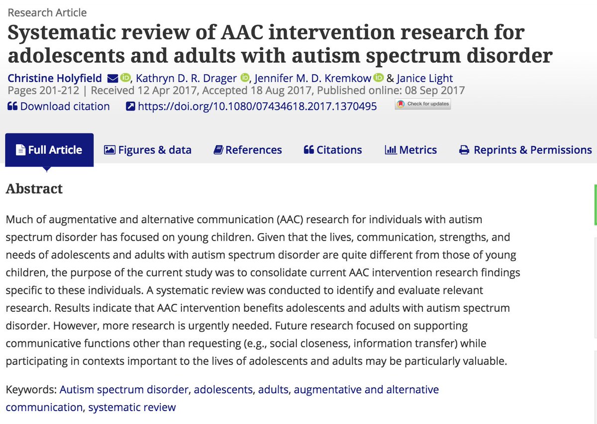 New! Dec 2017: We know you love a #SystematicReview in #AugComm @AACJourn so here is "Systematic review of AAC intervention research for adolescents and adults with autism spectrum disorder" <a href="/Holyfield_AAC/">Christine Holyfield</a> #Autism tandfonline.com/doi/full/10.10…