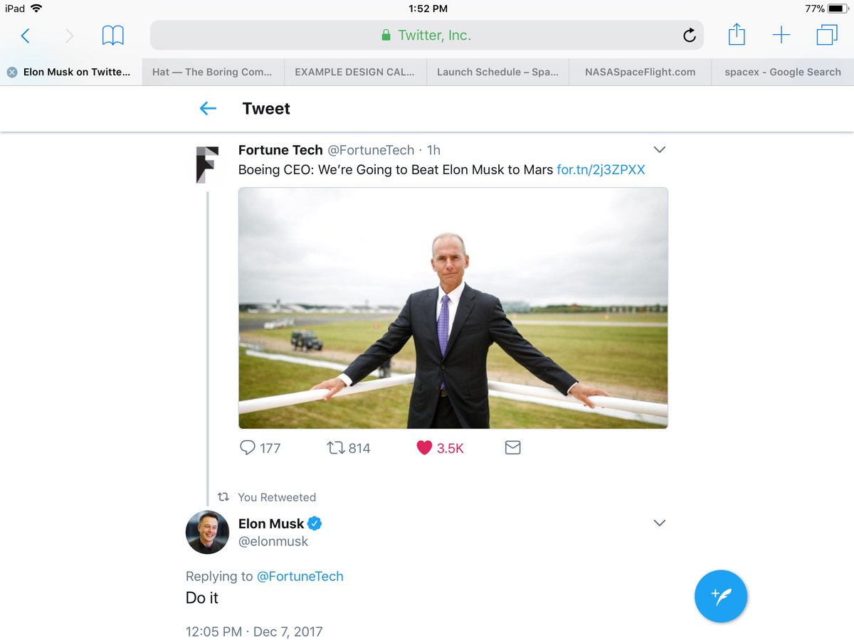 MichaelCanary02's tweet photo. I canโt wait to see @SpaceX completely ROAST @Boeing in this new space race. Boeing has nothing to show yet. PLUS, the BFR will be cheaper to operate than whatever Boeing does. ALSO, you NEVER what to get into a race with @elonmusk, You Will Lose! #SpaceXtoMARS https://t.co/6HOhiQCxLZ