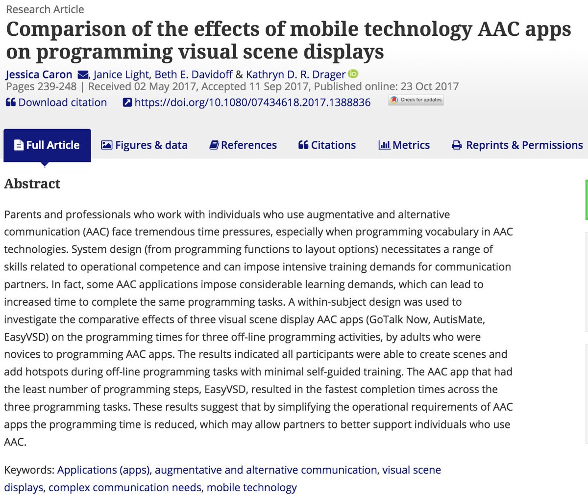 New, Dec 2017: "Comparison of the effects of mobile technology AAC apps on programming visual scene displays" #iPAD #AugComm #AACapps #MobileTech tandfonline.com/doi/full/10.10…
