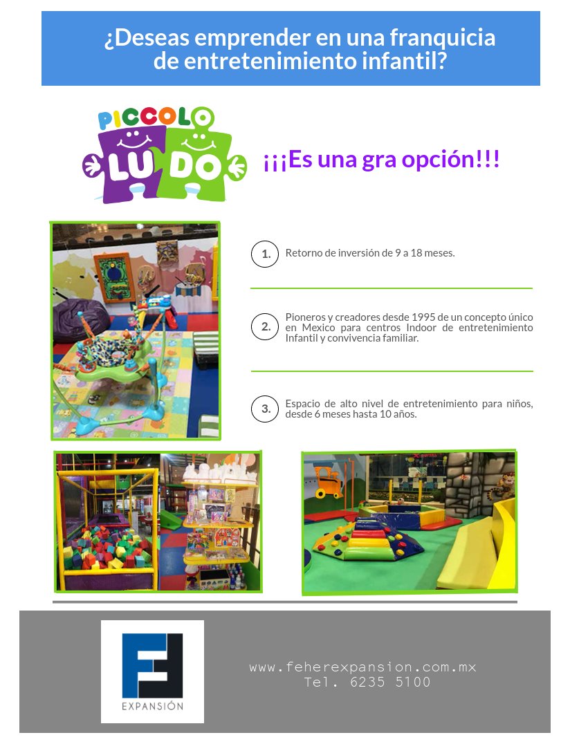 FeherExpansion's tweet photo. Emprende exitosamente con la franquicia de entretenimiento infantil #PiccoloLudo, ya que ofrece un Retorno de la inversión de 9 a 18 meses. #FranquiciasDisponibles #FeherExpansión https://t.co/RxEeOrFMCW