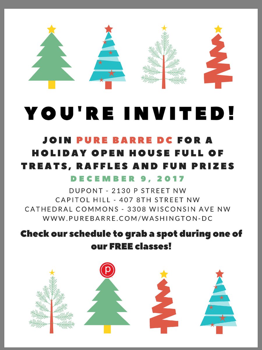 Join Pure Barre DC for a holiday open house full of treats, raffles, and fun prizes! Saturday, December 9th. Check the class schedule to grab your spot now! <a href="/PureBarreDC/">Pure Barre DC</a>