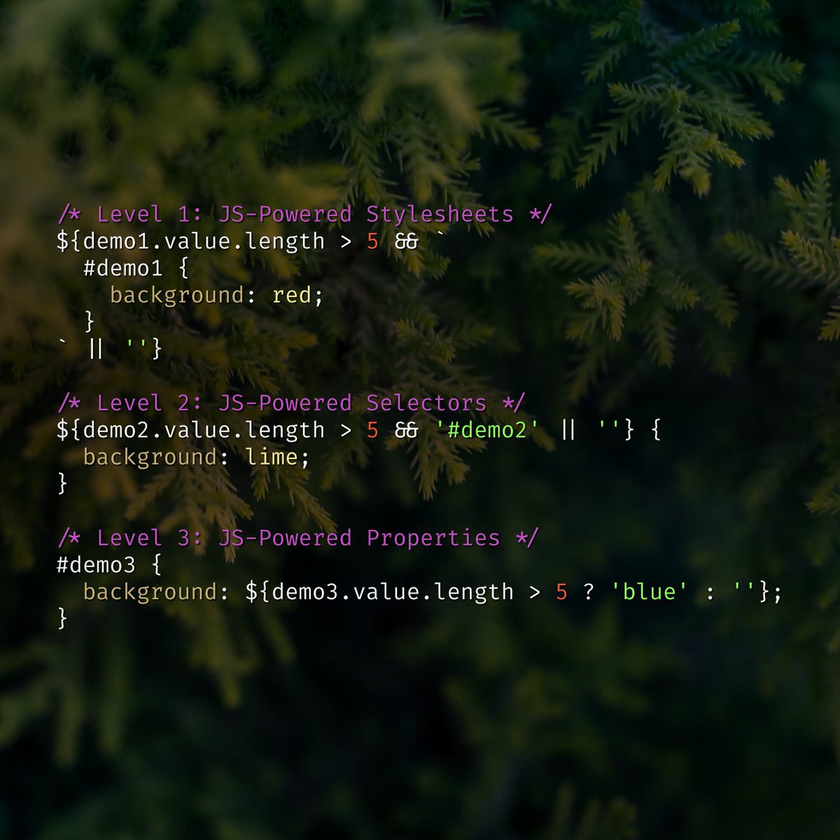 innovati's tweet image. Day 7/25 🎅 Interpolate JavaScript ~anywhere~ inside CSS using ${} with this simple JS-in-CSS reprocessor!

- plugin: gist.github.com/tomhodgins/b86…
- demo: codepen.io/tomhodgins/pen…

#merryCSSmas #css #reprocessor #style #scoping #js #interpolation #jsincss