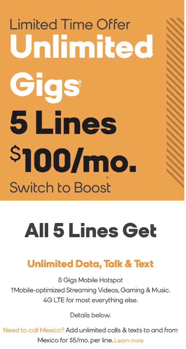 BoostWheaton's tweet photo. Limited time offer 
5 lines 100$ per month 
Full benefits unlimited Gigs +8GB hotspot and more!
#boostmobile #Alliedcommunications #Samsung #LG #apple https://t.co/Pf8GpYmJfG