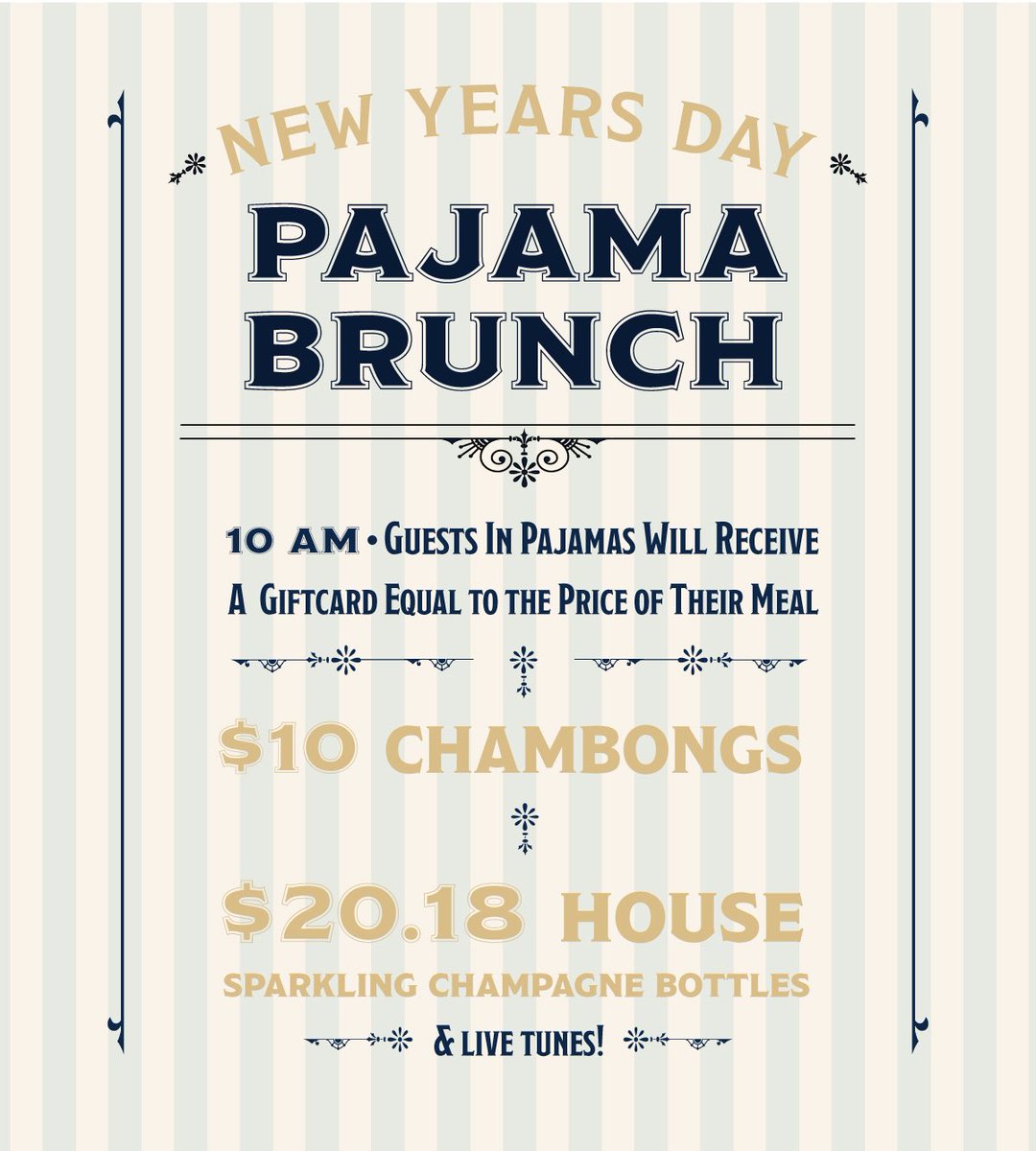 Brunch is back! On New Year’s morning, we’re hosting a special Champagne Pajama Brunch... The best part? If you come in your PJs we‘ll give you a gift card equal to the amount you spend. Book now 🎉🥂