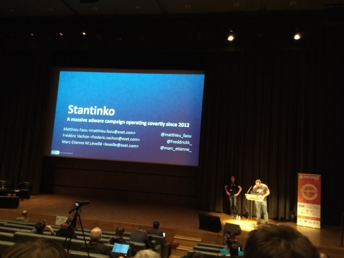 MaryJo_E's tweet photo. Stantinko talk by .@matthieu_faou and .@Freddrickk_ is starting at .@Botconf #Botconf2017 https://t.co/GXtSK6gC9C