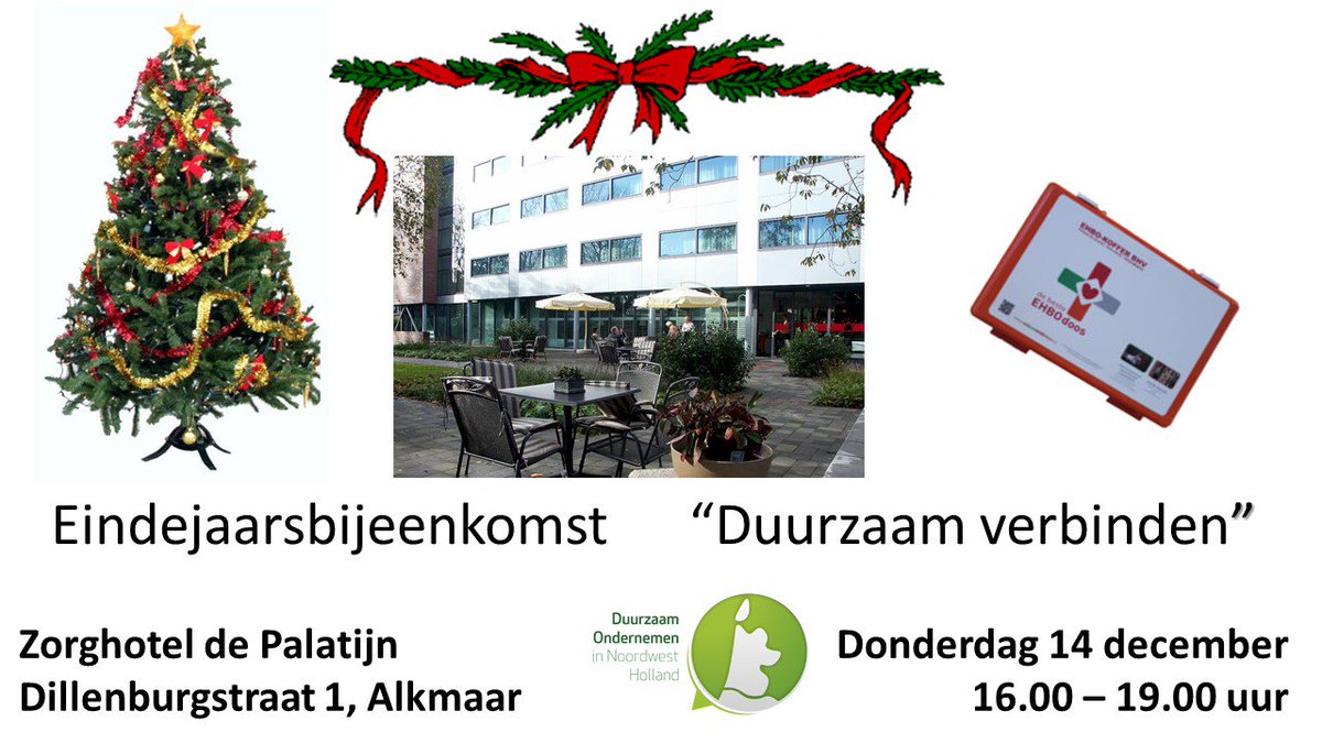Uitnodiging!
Het Duurzame Ondernemersnetwerk DOinNWH nodigt u uit op 14 december deel te nemen aan onze eindejaarsbijeenkomst met het thema "duurzaam verbinden”. Dit thema geven wij vorm door jullie op een bijzondere plek uit te nodigen: het Zorghotel De Palatijn in Alkmaar.