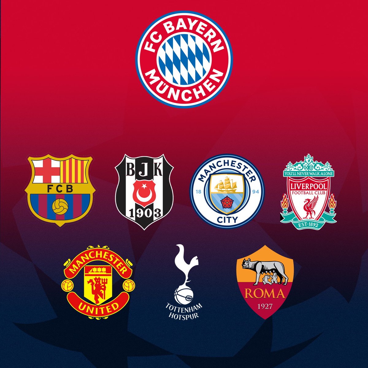 FCBayernES's tweet photo. ¿Qué emparejamiento prefieres para la @LigadeCampeones? 🤔 #UCL
🏴 #FCBMCFC
🏴 #FCBLFC
🏴 #FCBMUFC
🏴 #FCBTHFC
🇪🇸 #FCBFCB
🇮🇹 #FCBRoma
🇹🇷 #FCBBJK
#MiaSanMia https://t.co/pZlnaJPTYr
