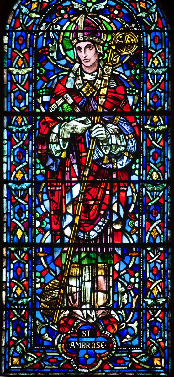 SJVDenver's tweet photo. Happy Feast of #StAmbrose, Church Father who baptized #StAugustine! This is a window in the #chapel at #SJVDenver. https://t.co/zATDn3VXtf