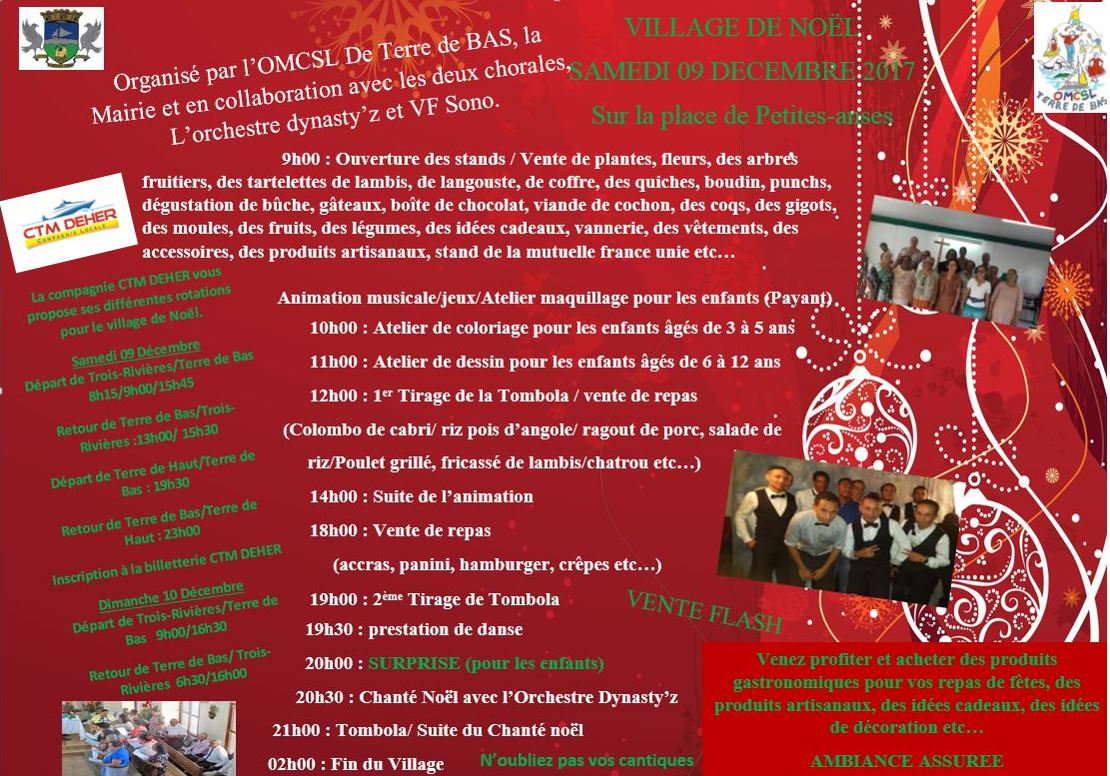 En partenariat avec L'OMCSL nous vous invitons au village de noël, le 9 décembre à Terre de Bas. Pour vous permettre de participer au Chanté Noël, une rotation inter-île aura lieu
départ de Terre de Haut à 19h30 
retour à 23h00.
Inscription à notre billetterie de Terre de Haut