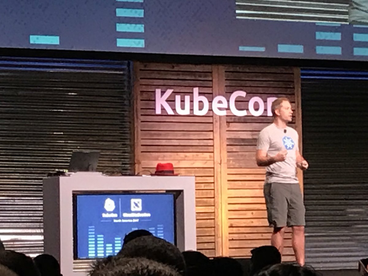 nsabine's tweet photo. @smarterclayton keynote at #KubeCon making @kubernetesio boring again. Infrastructure should just work! https://t.co/v83KnJbmIl