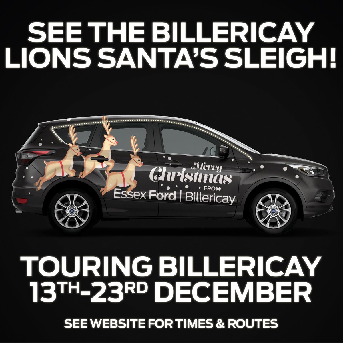 From 13th to 23rd December, the <a href="/BillericayLions/">Billericay Lions</a> Santa Sleigh – powered by <a href="/Essex_Ford/">Essex Ford</a>'s Christmassy Ford Kuga – will tour Billericay collecting funds for charities.

Visit our website for info and post a pic online with #EssexSanta if you see them! 🎅 goo.gl/1D8DFA