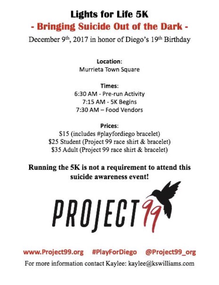 In celebration of Diego’s 19th birthday join in on Lights for Life 5k this Saturday! Help Bring Suicide out of the dark! #PlayforDiego