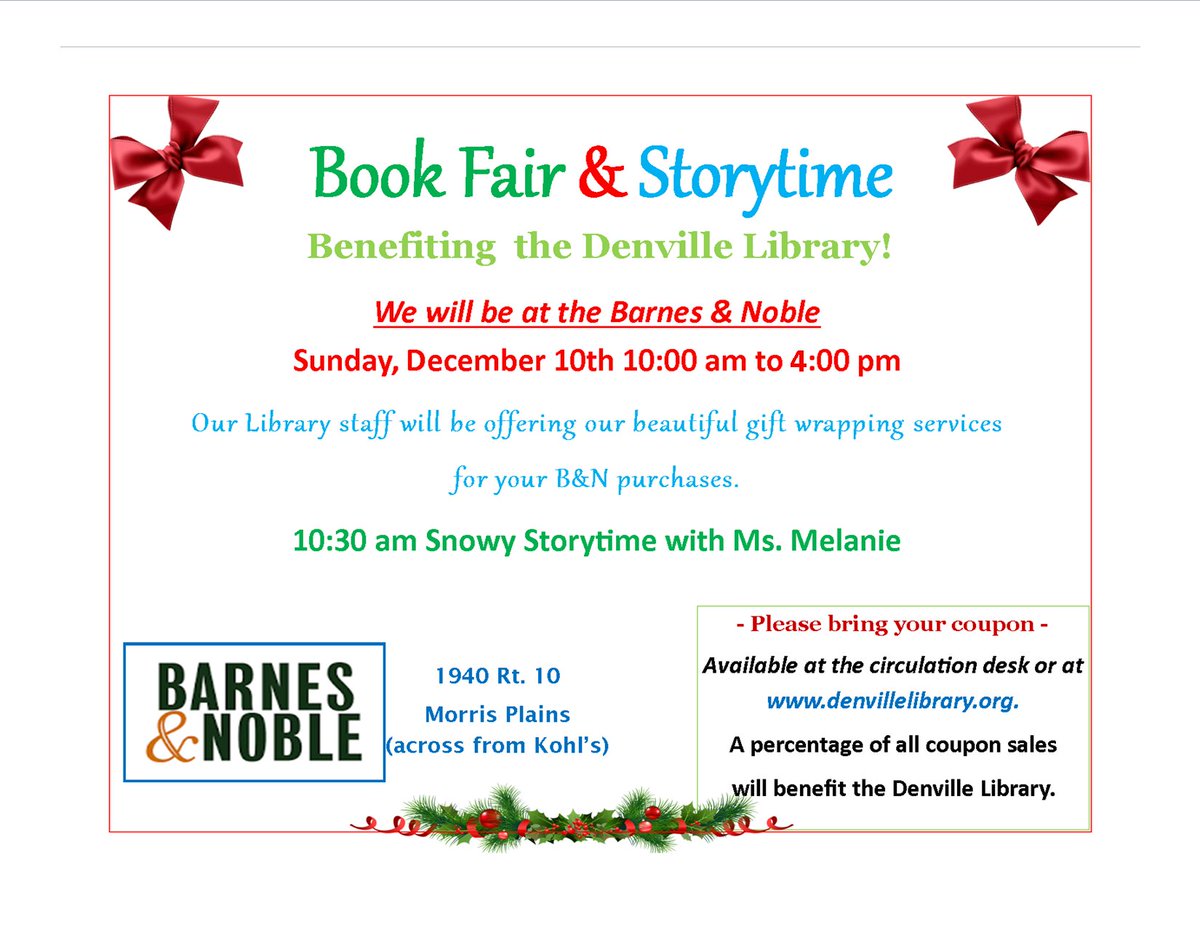 denvillelibrary's tweet photo. This Sunday, 12/10 from 10 - 4 a portion of your sales from @BNMorrisPlains goes to support the @denvillelibrary!  Get your coupon below.   #booksmakegreatgifts https://t.co/pgRnszBEvV