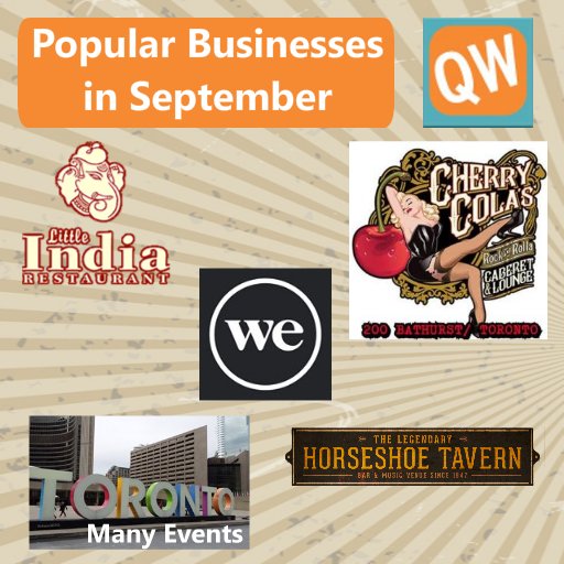 In Sept, the #QueenWest #MobileApp audience made these the most popular. <a href="/Cherry_Colas/">Cherry Cola's</a> <a href="/mattgroopie/">Matt Groopie</a> <a href="/LittleIndiaDine/">Little India Restaurant</a> @npstoronto <a href="/WeWork/">WeWork</a> <a href="/HorseshoeTavern/">The Horseshoe Tavern</a> Congrats !! Use Daily, tell our audience your new things.