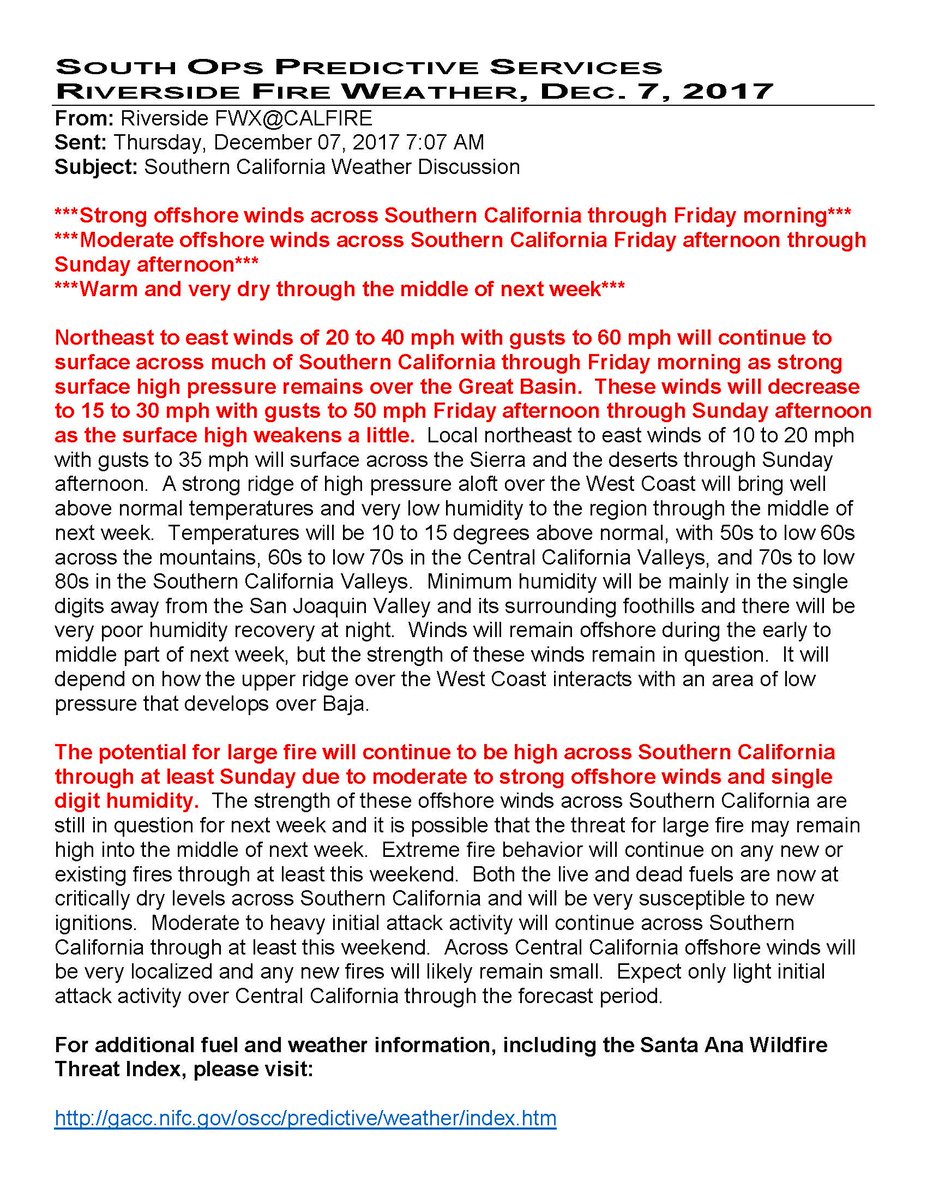 JhawkFire's tweet photo. #SouthernCaliforniaFires #SantaAnaWinds #FireWeather #FireFuels #FireBehavior **Update Thurs Dec 7 2017** #SouthOpsPredictiveServices **Pls Read & Forward to #Firefighters, Critical Safety Info** @sawti_forecast https://t.co/x4yc4SEij7