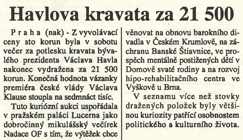 Znovu89's tweet photo. Vánoční tip: Klausova kravata. O 21 % levnější než Havlova. Ušetříte 4.500 Kčs. #mfd92 07.12.1992 https://t.co/LMpnmdupGE