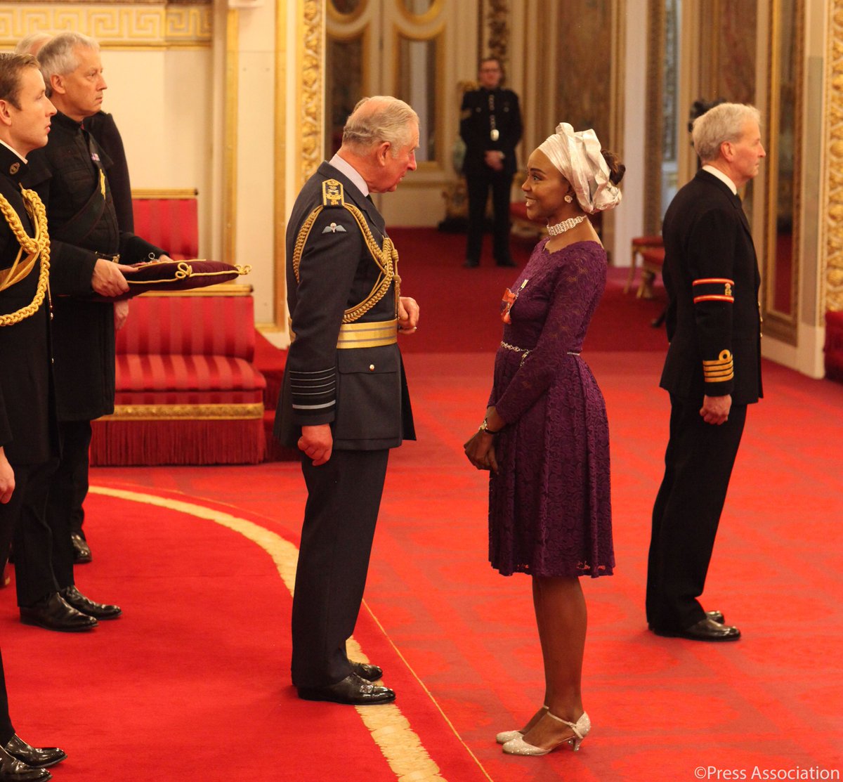 RoyalFamily's tweet photo. For years Olufunke Abimbola-Akindolie has worked to help diversify the legal profession. She regularly goes into schools &amp; universities to help inspire the next generation. 

Today she was awarded an #MBE. https://t.co/l0Oym4pU4m