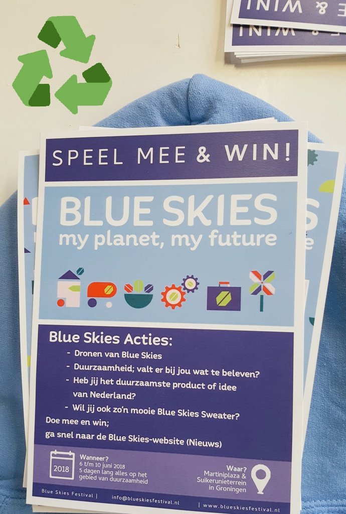 Wil je ook een Blue Skies-Sweater? #duurzaamheidsfestival

Retweet en schrijf je in voor de #Nieuwsbrief. #Win #Gratis

Elke 50ste inschrijver krijgt een Blue Skies-sweater thuis gestuurd.

blueskiesfestival.nl/2017/11/08/wil…