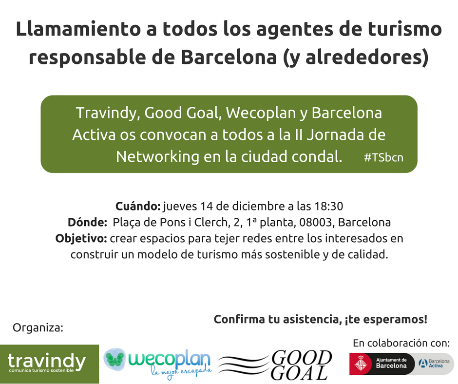 ¿Trabajas en #turismosostenible en #Barcelona? ¿Trabajas en turismo y te interesa la #sostenibilidad? Participa en el II encuentro de agentes de #turismoresponsable el próximo 14/12 a las 18.30 en el <a href="/ConventAgusti/">ConventSantAgustí</a>. ¡Confirma tu asistencia! Más info: travindy.com/es/2017/11/inv…