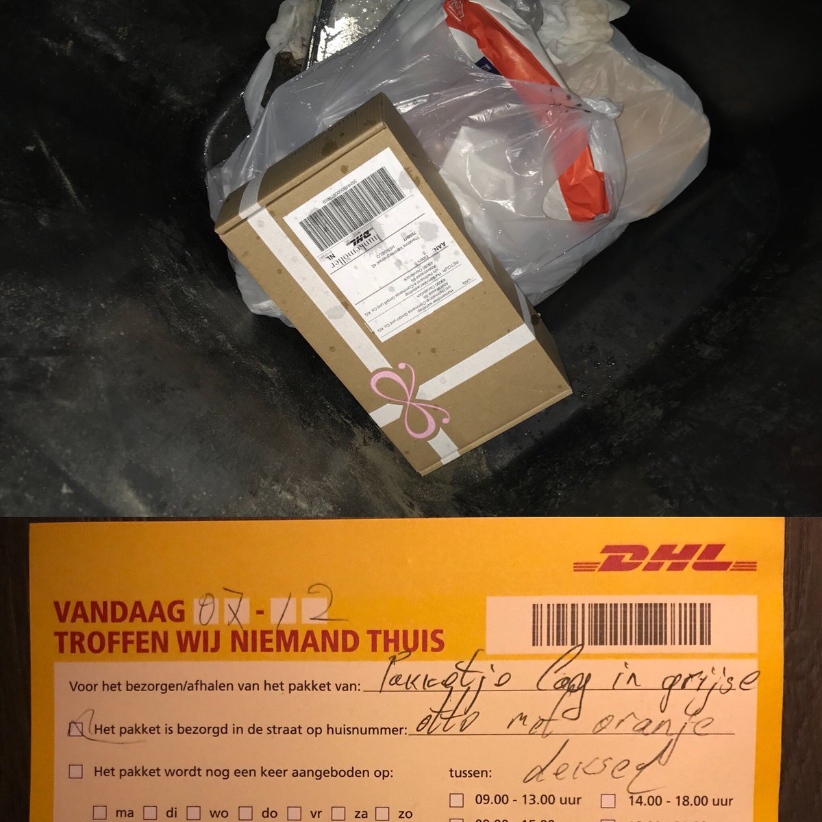 vincevrw's tweet photo. @DHLPaket, Serieus???    @Hunkemoller, fijne postbezorgers hebben jullie! #dhl #hunkemoller #pakketbezorger #vuilnisbak https://t.co/RJqEvgDx7L