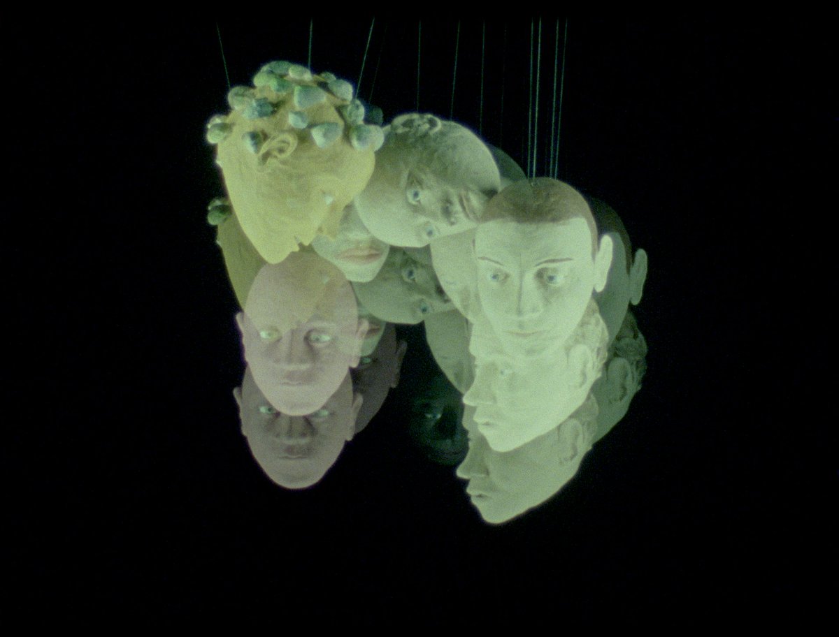Cass_Sculpture's tweet photo. The immersive work 'True Mirror' by Sam Austen depicts a menagerie of sculpted heads that float and rotate on screen to a discordant soundtrack. Currently playing in the Upper Gallery as part of our exhibition Like Honey from a Weed. #SamAusten #CASSPresents #LikeHoneyfromaWeed https://t.co/yAQBCQwZmb