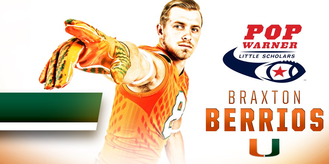CanesFootball's tweet photo. Today, Braxton Berrios was named the 2017 @Pop_Warner Little Scholars College Football Award winner, given to a senior who has made a difference on the field, in the classroom &amp; in his community. https://t.co/MgLLA5K59p