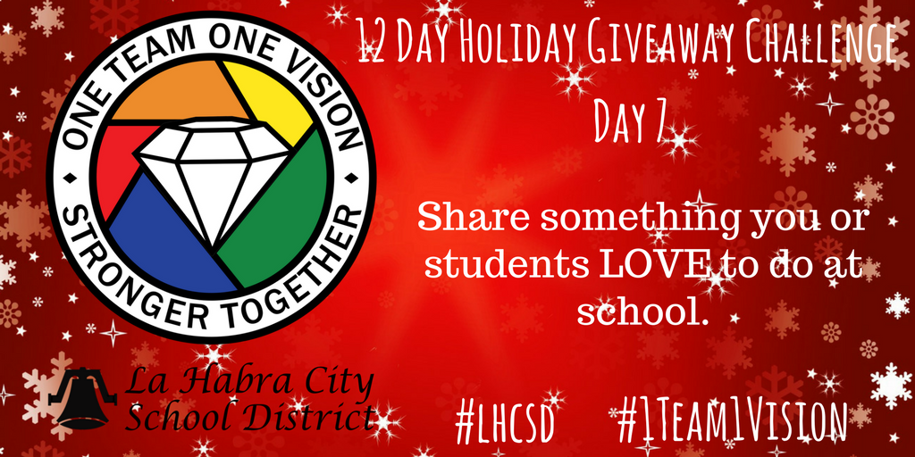 lhcsdchat's tweet photo. It's Day 7 of the 12 Day Holiday Giveaway Twitter Challenge! Can't wait to see your tweets! #lhcsd #1Team1Vision @lhschools @DrC_LaHabra @DHSoto @peerlessgreen https://t.co/pcOMRjWm9X