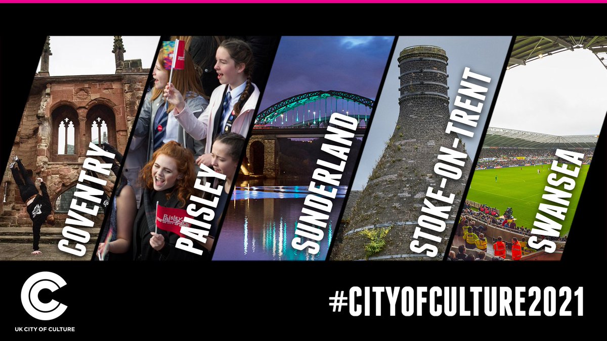 Good luck to all 5 shortlisted #CityofCulture2021 shortlisted cities #Coventry #Paisley #StokeonTrent #Sunderland #Swansea this evening. Tune in to <a href="/BBCTheOneShow/">BBC The One Show</a> TONIGHT to see the winner announced LIVE 🎉🎉🎉