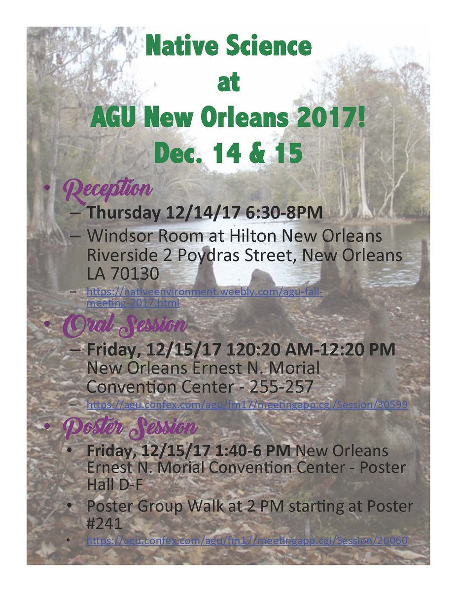 se_casc's tweet image. Going to New Orleans for #AGU17 meeting next week? Don't miss oral and poster presentations by SE CSC Global Change Fellows, Faculty Affiliates, Consortium PIs. Track these and other CSC presentations - bit.ly/CSC_AGU17. Great sessions on #TEK &amp;amp; #nativescience.