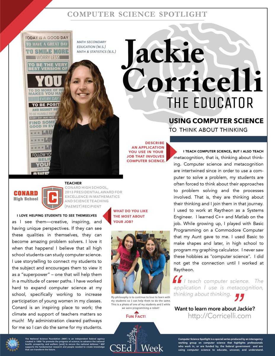 CSforAllTchrs's tweet photo. This #CSEdWeek, meet Jackie Coricelli, the Educator, who is using #CS to think about thinking. @mrscorricelli @NSF @ConardCHS @CSforAll #CSforAll For more info on Jackie and to see other #CSspotlights → https://t.co/hnHVmmkRZ5 https://t.co/seNvywqGez