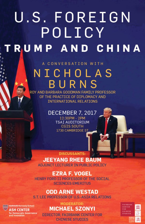 FairbankCenter's tweet photo. Watch LIVE: U.S. Foreign Policy: Trump and China, with 
@RNicholasBurns @OAWestad Ezra Vogel, Jeeyang Rhee Baum, and @MichaelSzonyi #TrumpInAsia #TrumpInChina @HarvardAsh @BelferCenter https://t.co/QOrIMx9VyB https://t.co/Jn5RvMOuk0