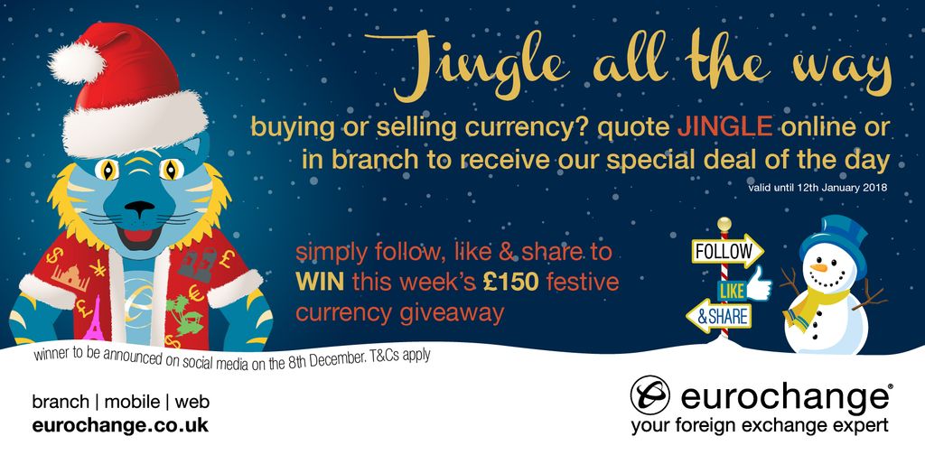 eurochangeFX's tweet photo. Tonight is your last chance to enter our Jingle all the way #giveaway! Simply follow, like &amp; retweet this post for a chance to #WIN £150 in your choice of currency
https://t.co/j2nrGU17N3 https://t.co/lnZWRAESY0