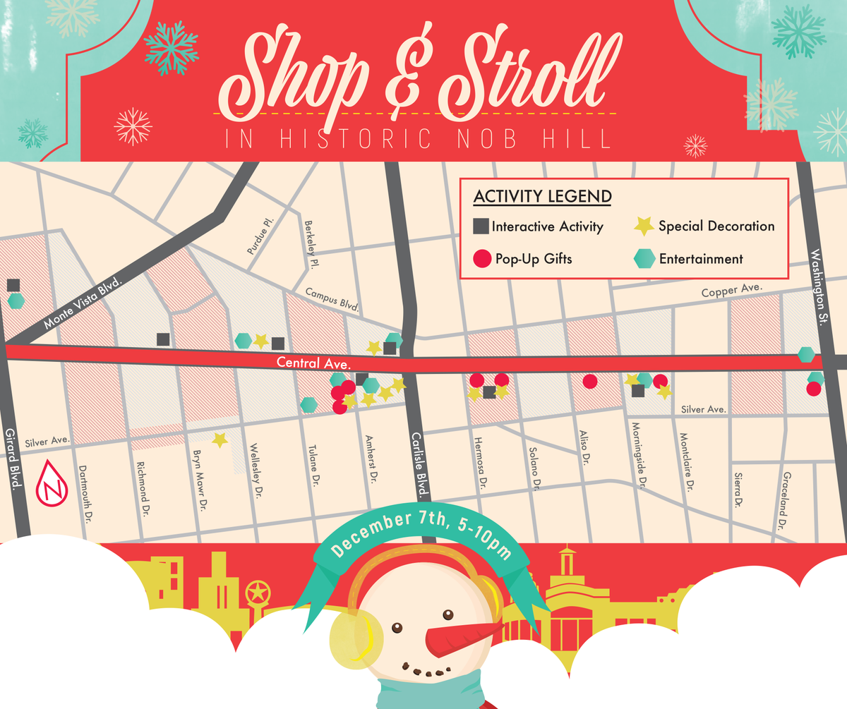 abqnobhill's tweet photo. Today is the big day! #shopnstroll begins at 5pm tonight and we can't wait to bring the holiday excitement to the neighborhood! Check out the official map and see all the fun activities and events planned! Grab a jacket and a friend and come down to see us! #nobhillabq #shoplocal https://t.co/LUmOrZK6im