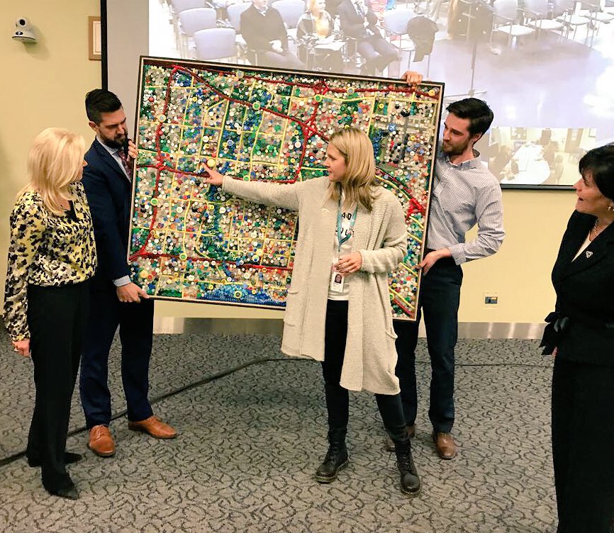 BonnieCrombie's tweet photo. Today I joined @mdiemanuele &amp; Artist &amp; Emergency Room nurse Michelle Imber for the unveiling of “Our Community”- a map of #Mississauga made up of medication caps &amp; plastic. We are proud to be home to @Trillium_Health &amp; their team of committed professionals. https://t.co/Yz3K89M0QJ