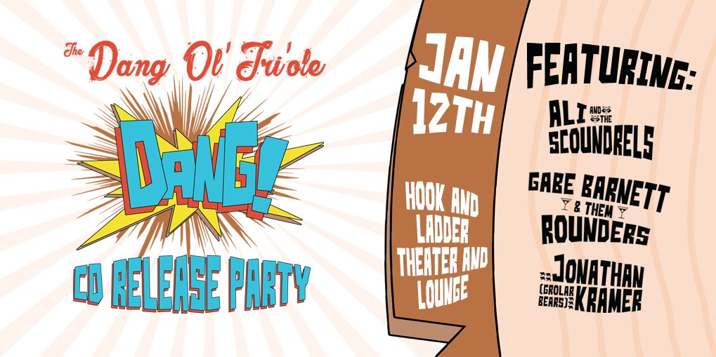 noboolpresents's tweet photo. JUST ANNOUNCED! - The Dang Ol' Tri'ole - 'DANG!' CD Release Party with Gabe Barnett &amp; Them Rounders, Ali And The Scoundrels, Jonathan Kramer - FRIDAY 1/12 @TheHookMpls --> https://t.co/WElP8KIPiu <-- Tickets On-Sale Friday, December 7 at Noon. @DangOlTriole @BarnettRounders https://t.co/g8oeZWvdYu