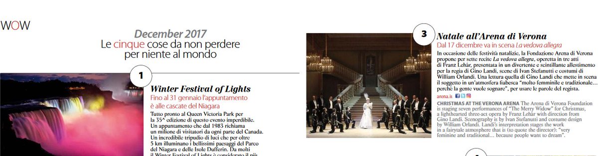Un incredibile tripudio di luci che per oltre 
5 km illuminano i bellissimi paesaggi del Parco 
del #Niagara e delle Isole Dufferin

Natale all’#ArenadiVerona
Dal 17 dicembre va in scena 
La vedova allegra

alitalia.com/content/dam/al…