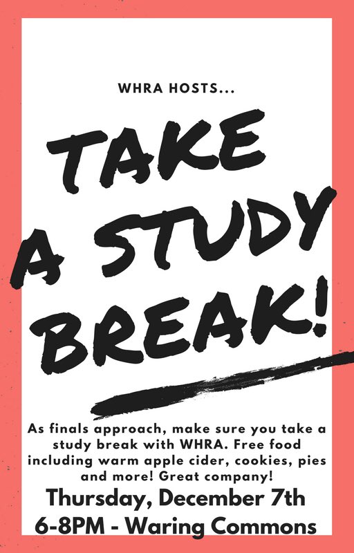 WHRA_PSU's tweet photo. Join WHRA for a study break! Enjoy free food and great company in Waring Commons tonight from 6 to 8PM. Grab your friends, and take time to relax! https://t.co/01P2o2HAXc