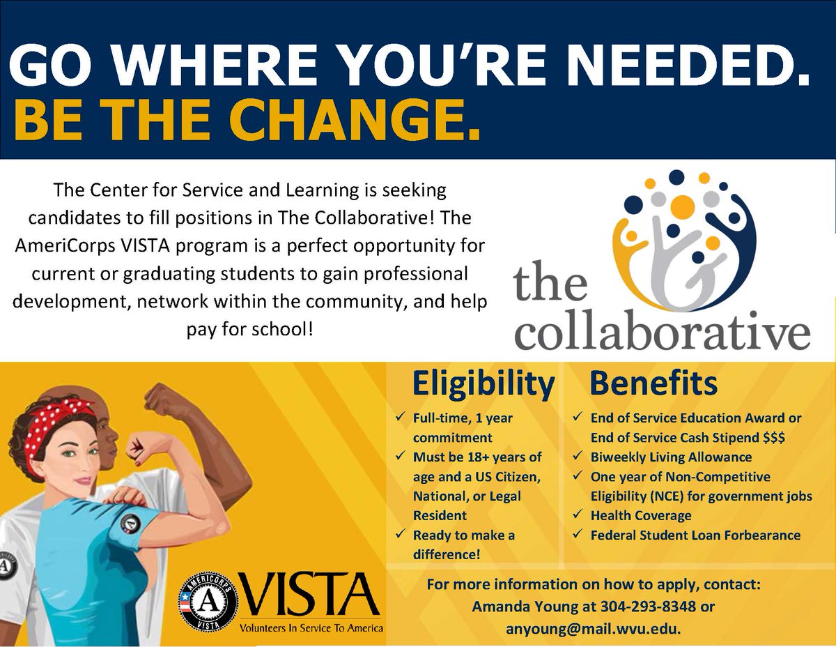 Taking a gap year? Need a job? We're seeking candidates! Great opportunity for professional development, networking, &amp; paying for school. Full-time 1-year commitment in Morgantown or Keyser. Application deadline January 5. Visit My AmeriCorps &amp; search for "Collaborative at WVU."