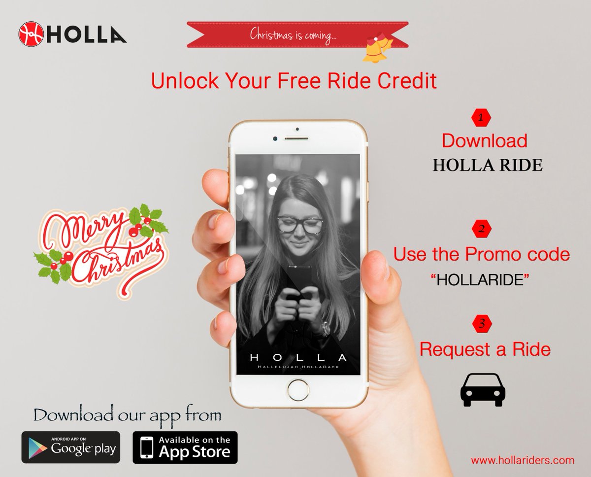 HollaRides's tweet photo. Unlock your free ride credit by getting "HOLLA Ride" app from App/ Play Store. Download our app, use the Promo Code and Request a ride. #CheaperRides #BetterRides #HollaRides https://t.co/vIJLYWHNt3