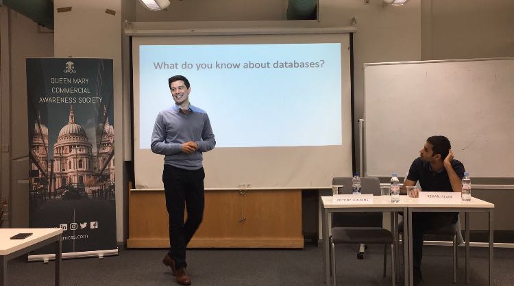 ProFinda's tweet image. Live from @qmcas’s "QM Commercial Awareness Society goes Tech" Event, @icommunis is presenting The Future Of AI and Automation in the Workforce! #WorkforceoftheFuture