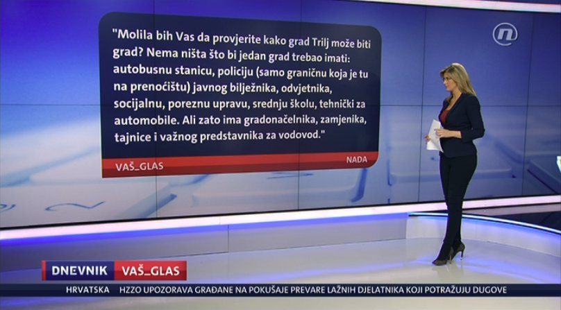 DNEVNIKhr's tweet photo. #DnevnikNoveTV Rubrika #VašGlas danas je posjetila #Trilj, gledateljica nas je upozorila na činjenicu da grad nema sve ono što bi trebao imati jedan grad. Triljani ističu ako je to grad, on bi trebao imati neke institucije jer za sve moraju ići u #Sinj. https://t.co/jRpGq9RA5H