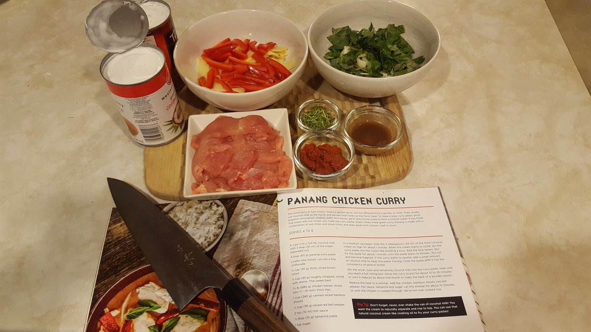 Mise en place ready for <a href="/jettila/">Jet Tila</a>'s Panang Chicken Curry tonight! <a href="/MasakageKnives/">Masakage Knives</a> Kujira for scale 😉 #101AsianDishes
