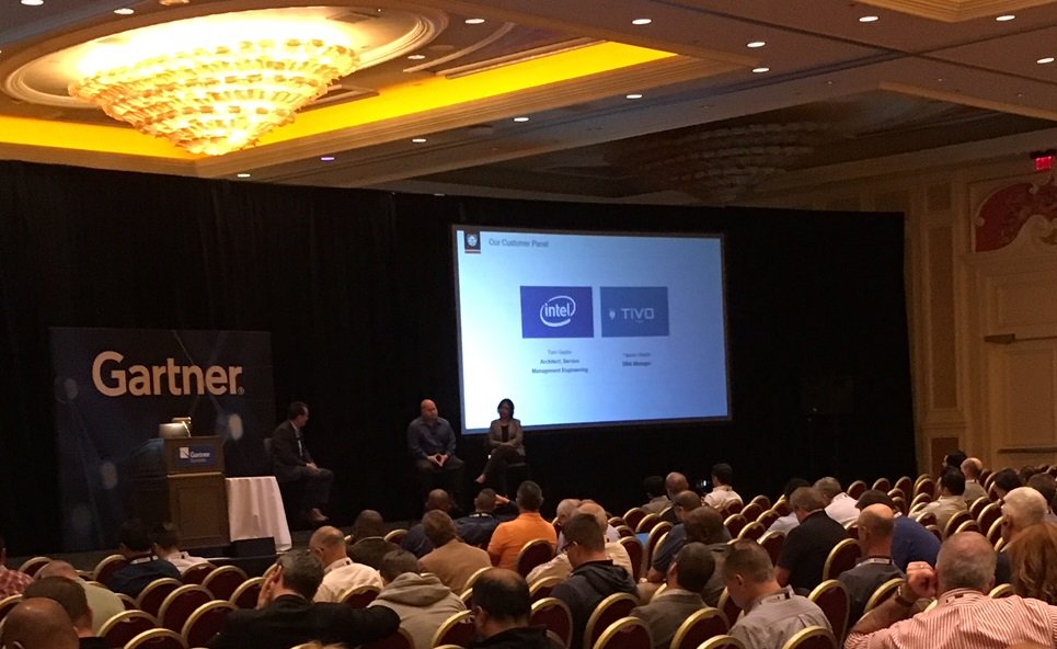 bigpanda's tweet photo. Great turnout for our customer panel session yesterday at Gartner I&amp;O Conference in Las Vegas. Big thanks to Tom Gaylor @intel &amp; Yasmin Aladin @TiVo for sharing their stories with 130+ show attendees. #gartnerIO #ITops #ITOM https://t.co/jeSKZ3CieH