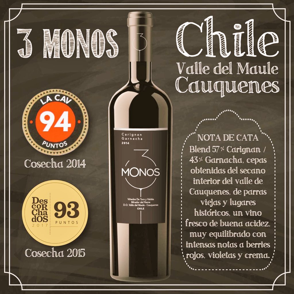 Para este fin de semana largo un buen <a href="/Vinos3monos/">Vinos 3 monos</a>, nuestro Carignan-Garnacha Mirador del Name.!! #SecanoDelMaule  #Cauquenes <a href="/movichile/">MoVI Chile</a>