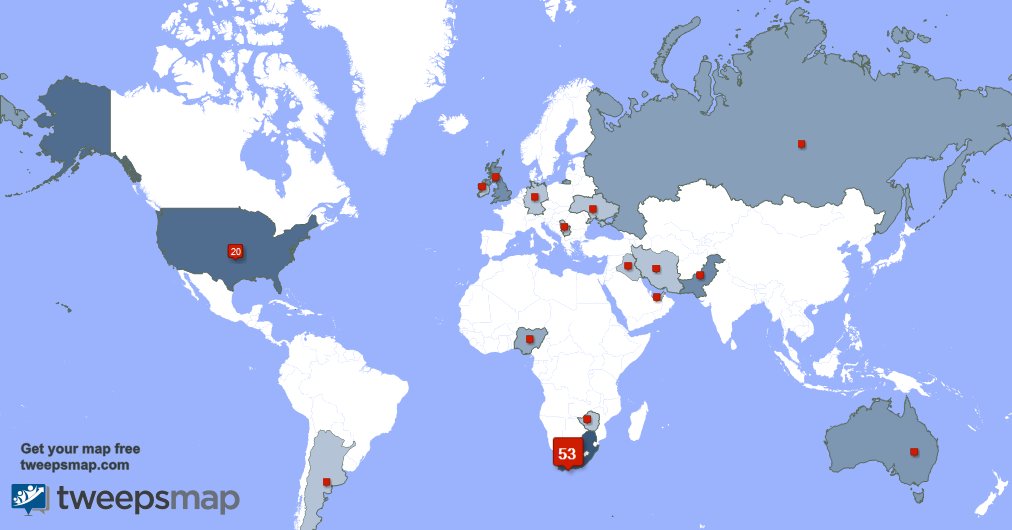 joe_manone's tweet photo. My followers live in South Africa (49%), USA(19%)... Get your free map: https://t.co/fwJenYjvFN https://t.co/h4rj24uD2i
