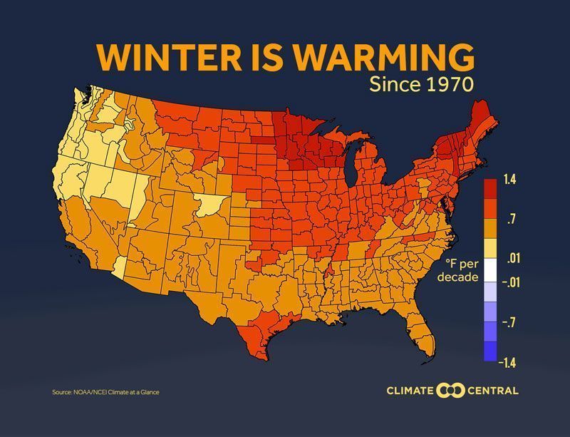 ClimateCentral's tweet photo. This map shows how much winter is warming https://t.co/W5iURoW8Yb https://t.co/g2K0GK0plq