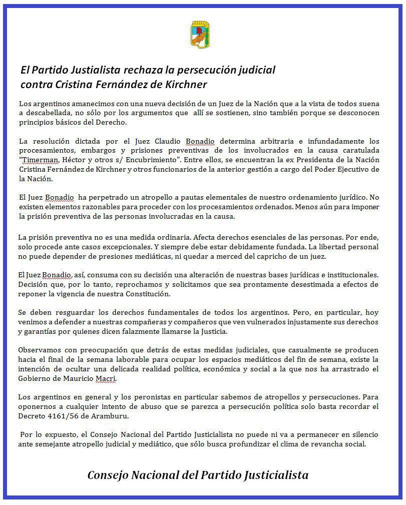ElComodorense's tweet photo. #Politica #BastaDePerseguir #TraicionALaPatria El Consejo Nacional del Partido Justicialista, a través de un comunicado rechaza la persecución judicial contra Cristina Fernández del Kirchner https://t.co/Nc5xQpVwFf