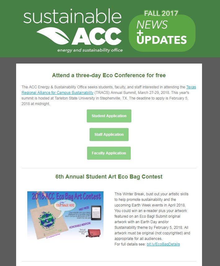 sustainableACC's tweet photo. A FREE trip to an Eco Conference, the 6th Annual Eco Bag contest, AND sustainability news... OH MY! Check out the Fall 2017 @sustainableACC newsletter for opportunities, events, and fall project recaps: https://t.co/ihfwPjVLWU #sustainability #keepaustingreen #texasgreen https://t.co/CfliU5okRG